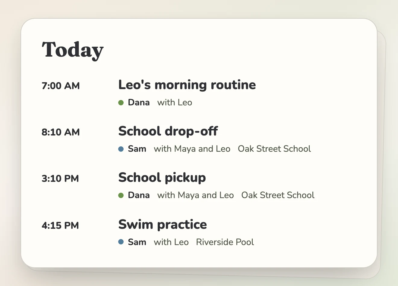 A Mavo Today card listing Leo's morning routine, school drop-off, school pickup, and swim practice with Dana or Sam named on each event