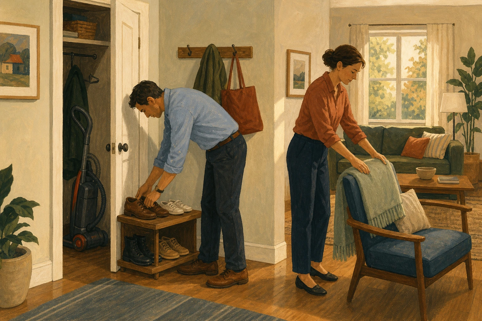 Two adults finish a small evening room reset while a vacuum remains parked in an open closet.