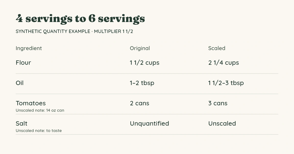 Actual synthetic four-to-six-serving quantity comparison: one and a half cups becomes two and a quarter cups; both ends of a one-to-two tablespoon range increase.