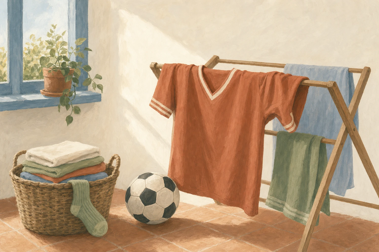 A soccer jersey drying on a rack in a sunlit laundry room, a soccer ball waiting beside it.