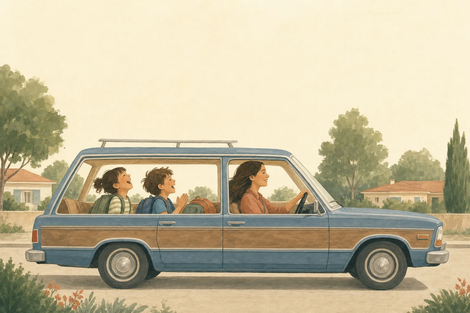 A parent driving and two kids laughing together in the back seat of a station wagon on the morning school run.