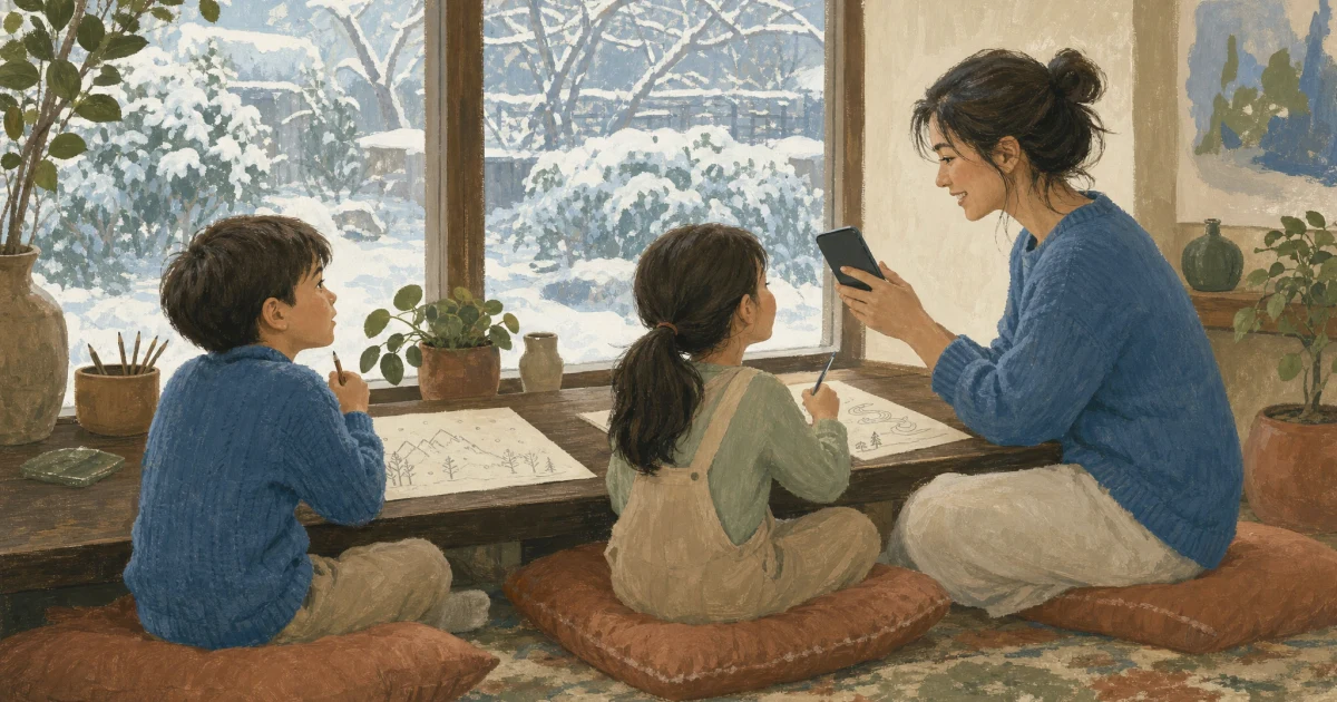 Illustrative gouache scene of a parent reading a snow-day drawing prompt while two children draw their own comics at a low bench beside a snowy window.