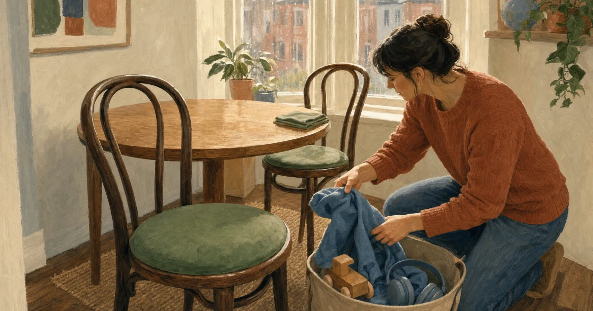 An adult moves a sweatshirt from a guest chair into a basket, leaving the seat clear beside a small dining table.
