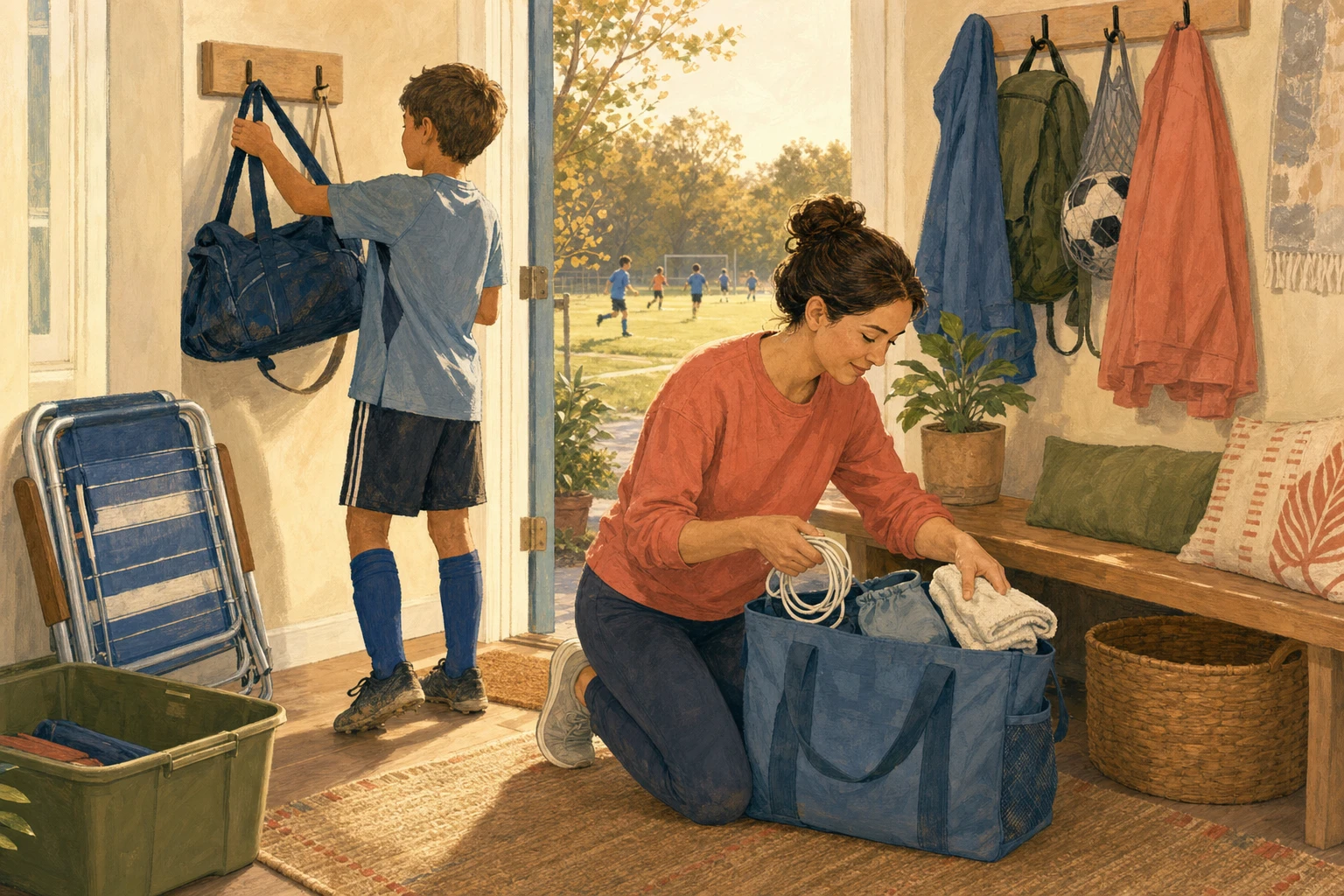 After a youth sports game, a parent resets a sideline tote while a child returns a sports bag to its hook in a warm entryway.