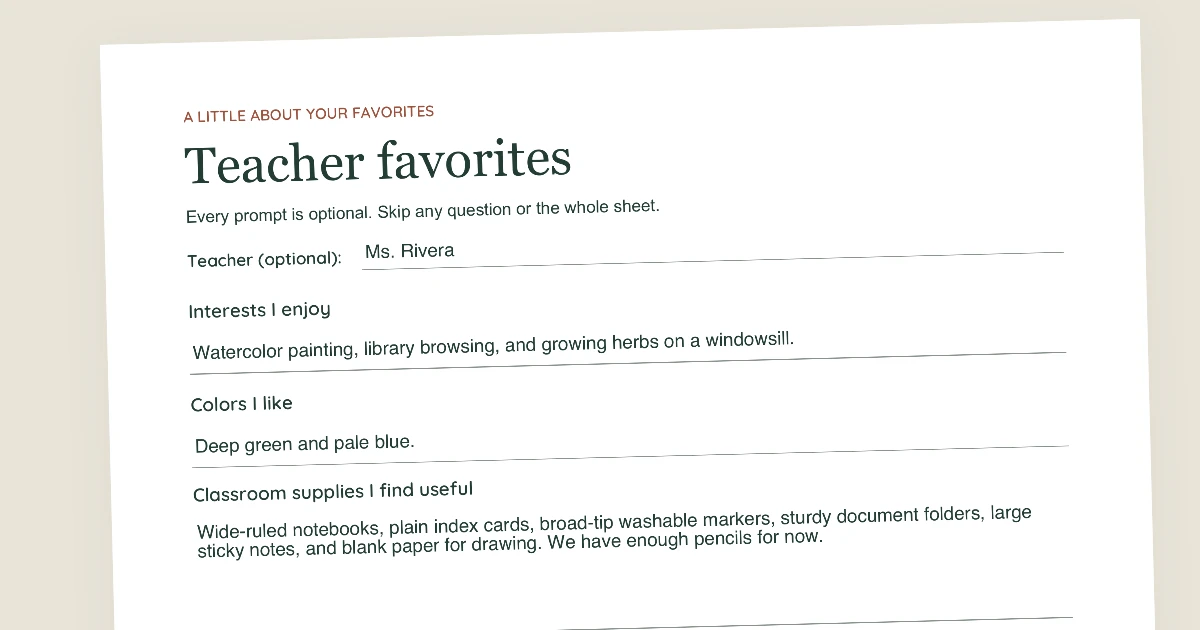 The actual teacher favorites questionnaire filled with a fictional teacher’s interests, colors, and classroom supply preferences.