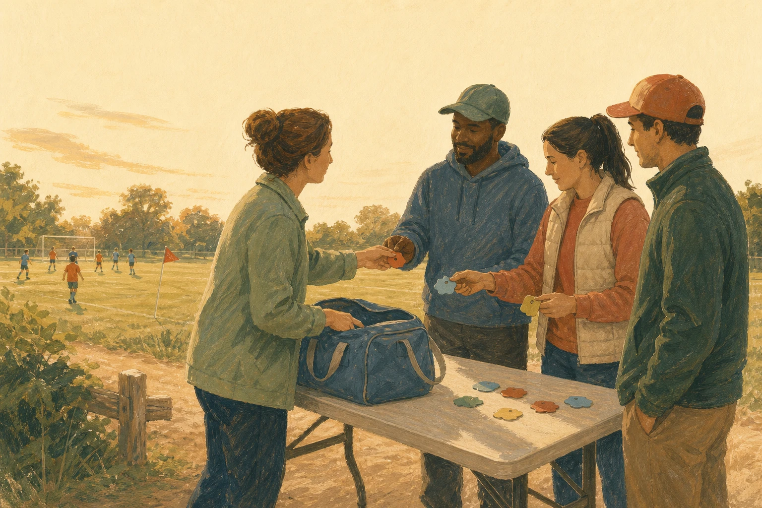 A team parent at a folding table hands small assignment tokens to several adults beside a youth sports field.