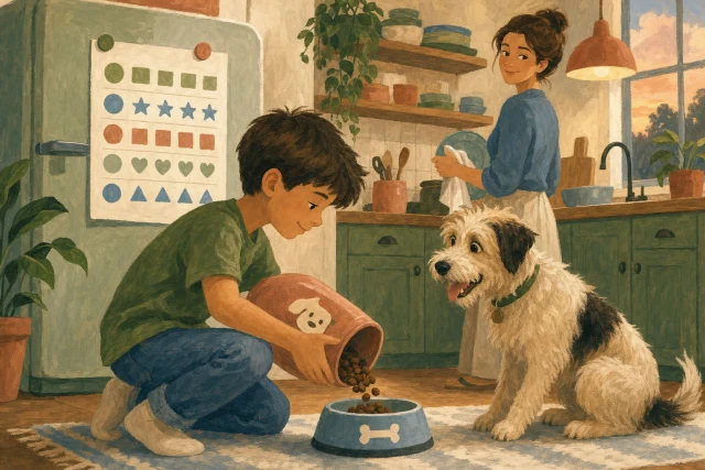 Painted illustration of a boy feeding the dog in the kitchen with the family chore chart hanging on the refrigerator behind him
