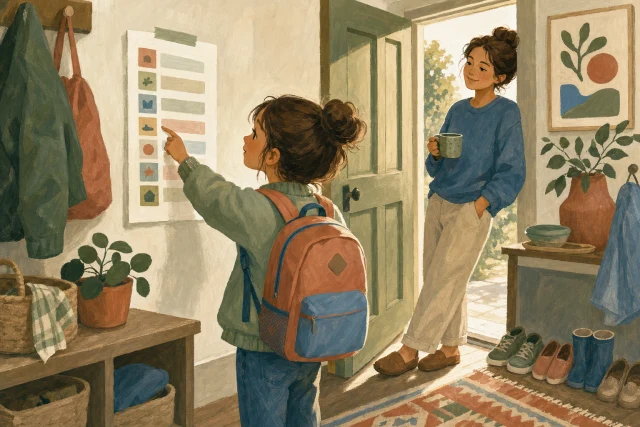 Painted illustration of a girl with a backpack touching her picture schedule on the wall by the front door while a parent watches with coffee