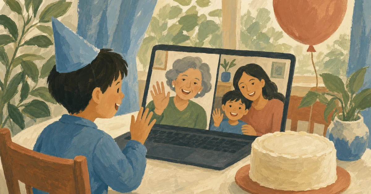 Hand-painted illustration of a child in a blue birthday hat waving to relatives on a laptop beside a cake in a bright dining nook.